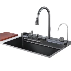 Multifunctional LED Display Stainless Steel Kitchen Faucet with Waterfall Cup Washer and Anti-Scratch Finish