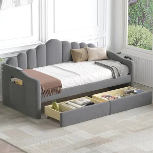 Multifunctional Living Room Furniture White Wooden Sofa Beds Frame with 2 Drawers Sitting Room Bunk Bed for Small Bedroom