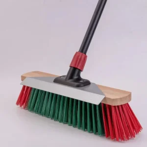 Multifunctional Red Nylon Bristle Push Broom Built-in Scraper Plastic Broomstick Cleaning Brush for Garage Workshop Patio Model