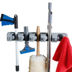 Multifunctional Wall Mounted Cleaning Tool Holder 5 Clamps and 6 Hanging Hooks Household Cleaning Tools Accessories