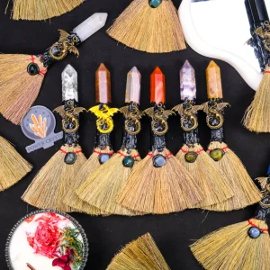 Natural Amethyst Citrine Pillar Broom With Crystal Raw Stone Magic Broom Crystal Ornament Home Crafts Decoration