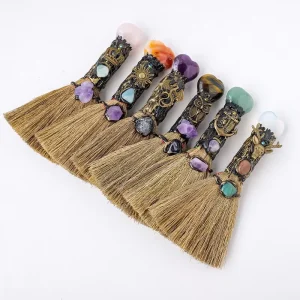 Natural Cute Heart Shape Polished Crystal Stone Magic Wicca Broom for Halloween