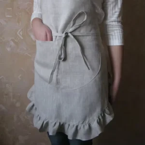 Natural Handmade Stylish Functional Linen Waist Apron with Ruffles Pockets Retro Style Washable Reusable for Women Daily Use