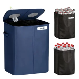 Navy Blue Dual Compartment Recycling Bins for Kitchen 140L Oxford Fabric Trash Can Glass Bottle Basket Foldable Laundry Hamper