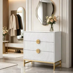 Nightstand Small Bedside Table with Gold Frame Side Table with 3 Drawer for Bedroom White Night Stand Bedside Furniture