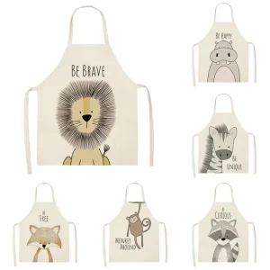 Nordic Ethnic Cartoon Animals Print Aprons for Kids and Adults Linen Apron Cooking Baking Painting Wear 13 Colors
