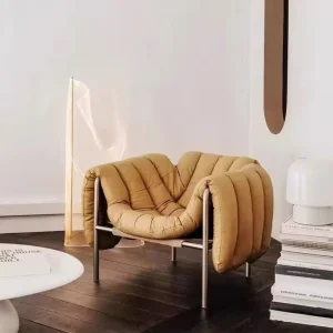 Nordic Modern Style Light Luxury Metal Fabric Puffy Sofa Chair for Home Office & Hotel Wood Panel Style for Living Room Bedroom