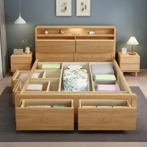 Nordic Single Double Bed 1.8m Natural Wood Color 1.35m Solid Wood Bed Storage High Box Storage Drawer 1.2m