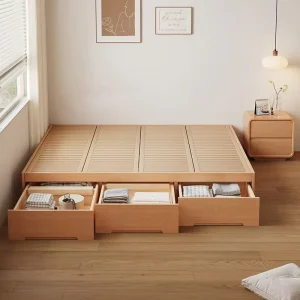 Nordic Style Solid Wood Bed Beech Wood Bedroom Bed Tatami Without Headboard with Drawer Storage