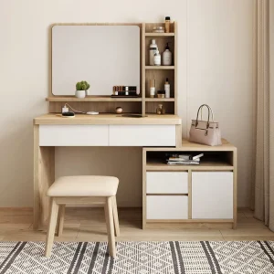 Nordic Wooden Bedroom Vanity Dresser Table with Stool and Mirror
