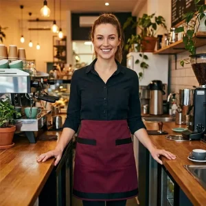 OEM 100% Polyester Half Waist Apron Contrast Hem Short Service Uniform for Cafe Restaurant Bakery Staff Retail Store