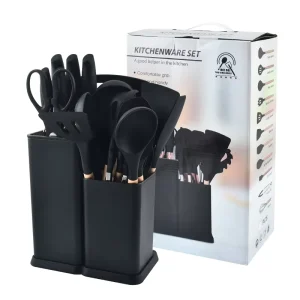 OEM 19-Piece Silicone Kitchen Utensil Set with Wood Handles and Storage Holder