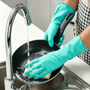 OEM Green Flocked Lined Household Latex Gloves Fish Scale Anti Slip Palm Rolled Cuff Reusable Cleaning Gloves Luvas Guantes