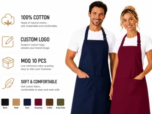 OEM ODM Cotton Apron with Large Pocket Adjustable Neck Strap Custom Apron for Kitchen Barista Chef