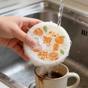 OEM ODM Custom Pattern Round Compressed Cleaning Sponge Soft Non Scratch Dish Washing Sponge with Hanging String for Coffee Shop