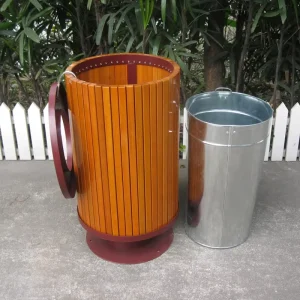 OEM Outdoor Furniture Wooden Dustbin Street Roadside Waste Container Trash Can Round Shape Garden Park Waste Bin