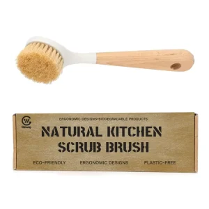 Oem Multi Functional Birch Wood Handle Built in Scraper Head Pan Sisal Pot Brush Kitchen Cleaning Brush for Sink Stove