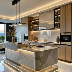 Open concept kitchen featuring multifunctional storage and a modern design aesthetic