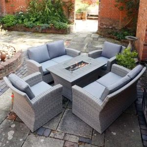 Outdoor Dining Table and Chair Patio Furniture Wicker Lounge Set with Rising Firepit Table Garden Rattan Corner Sofa Set