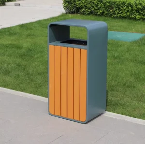Outdoor Metal Trash Bin 55L Galvanized Steel Public Waste Bin with Wood Slats and Lock