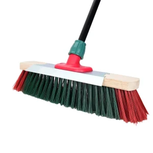 Outdoor Plastic Handle 18 Inch Extendable 2 In 1 Floor Scrub Brush With Stainless Steel Squeegee Broom And Flagged Bristle