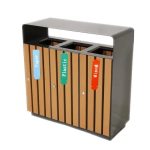 Outdoor Street Furniture Commercial 3 Compartment Wooden Recycling Bin Park Rubbish Waste Bin Public Garbage Container Trash Can