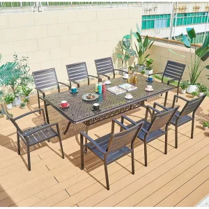 Outdoor Villa Stackable Casting Aluminum Rectangular Table Waterproof Dining Room Furniture Table Set 8 Chairs