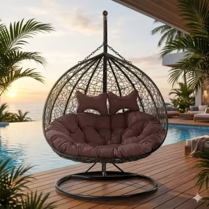 Oversized Double Seater Egg Chair Hanging Chair with Stand Weather Resistant Wicker Swing Chair Lounge Furniture for Hotel