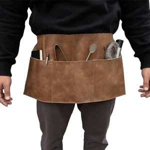 PU Leather Half Waist Apron with Multi Pockets Adjustable Barista Server Apron for Cafe Bar Restaurant