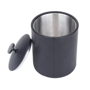 PU Leather Wrapped Stainless Steel Ice Bucket with Lid and Tong for Hotel Room Service Small Beer Wine Cooler