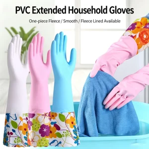 PVC Waterproof Gardening Gloves Dishwashing Flocked Cotton Liner Long Cuff 16″ Reusable Non Slip (Large)