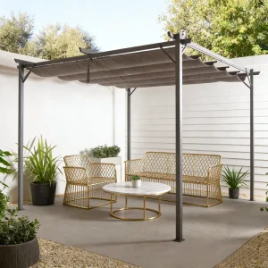 Patio Pergola 2.9×2.9m with Sliding Canopy Waterproof Fabric Roof Steel Frame Outdoor Garden Gazebo