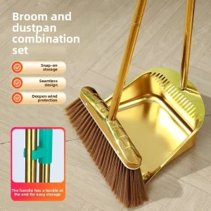 Pet Friendly Plastic Home Indoor Outdoor Durable Stainless Steel Aluminum Broomstick Serrated Gold Dustpan Set