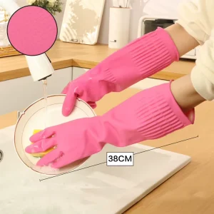 Pink 38cm Thickened 15″ Inch Natural Color Comfortable Kitchen Cleaning Latex Long Sleeve Household Rubber Gloves