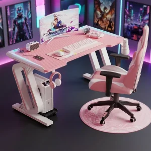 Pink Carbon Fiber L-Shape Computer Desk with LED Display for Home Office or Gaming