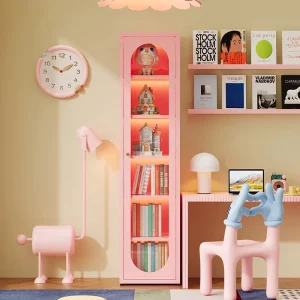 Pink Carbon Steel Small Narrow Bookshelf Corner Bookcase Metal Unit for Living Room Apartment