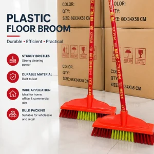Plastic Floor Broom Two Tone Stiff Bristles Red Maroon Lime Home Office Commercial Cleaning Bulk Pack