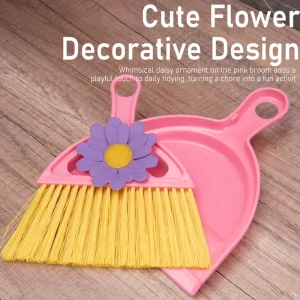 Plastic Flower Shape Mini Broom and Dustpan Set Small Dustpan Set with Dense Bristles Hanging Hole Dustpan Brush for Tabletop