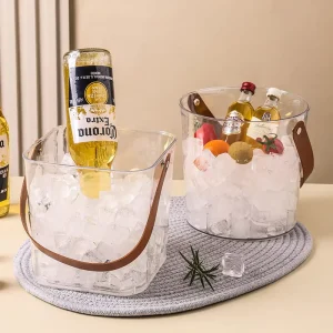 Plastic Ice Bucket PET Transparent Beverage Tub Leather Handle Drink Chiller for Bar Pub Party Supplies Distributor