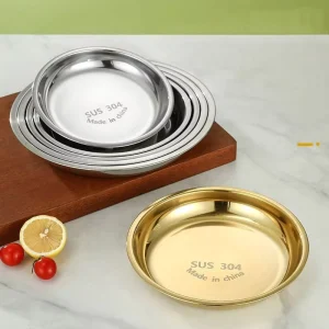 Polished 304 Stainless Steel Round Flat-Bottom Service Tray, Gold-Plated, Dishwasher-Safe