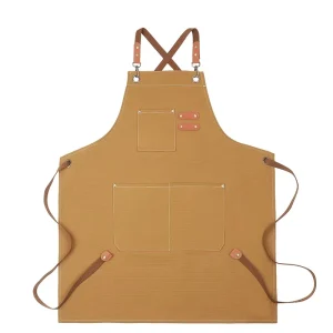 Polyester Cotton Canvas Bib Apron Waist-Level Sleeveless Adjustable Cross Back Pockets Durable Washable Restaurant
