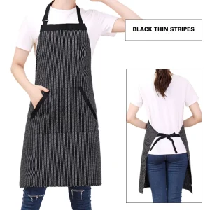 Polyester Cotton Striped Apron Customizable Logo Adult Size with Pockets Chef Kitchen Cooking Baking Cleaning Apron Workwear