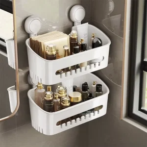 Powerful Plastic Hanging Body Wash Wall Shelf Bathroom & Kitchen Storage Rack With Vacuum Suction Cup Shelves