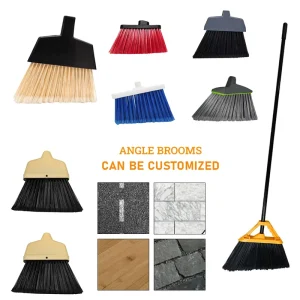 Premium Large Angle Broom With Angle cut Plastic Stiff Soft Flagged Bristles And 48″ Iron Metal Handle Stick NO.6101