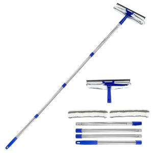 Professional 61-Inch Long Handle Window Cleaning Squeegee Kit 2 in 1 Microfiber Scrubber and Squeegee Durable Metal Material
