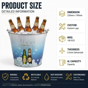 Professional 6L Metal Ice Bucket Galvanized Beverage Chiller Stackable Iron Beer Bucket for Restaurant and Catering Use