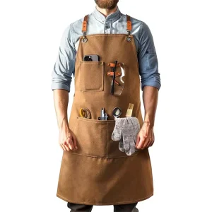 Professional Heavy Canvas Carpenter Apron Adjustable Cross Back Multi Tool Pockets for Gardening BBQ Cooking
