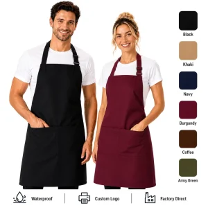 Professional Waterproof Chef Apron Durable Polyester Kitchen Cooking Aprons with Pockets Custom Logo