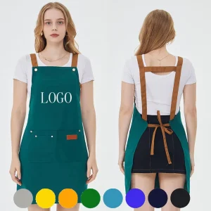 QC Brand Custom Logo Advertising Eco friendly Durable Washable Woven Cotton Sleeveless Bib Aprons Custom Color Size 1 4 Pockets