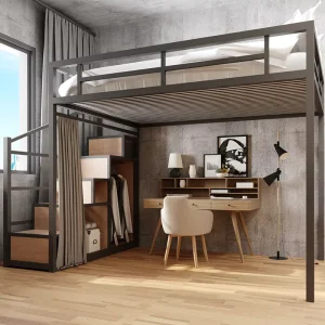 Queen Size Black Steel Loft Bed with Storage and Stairs